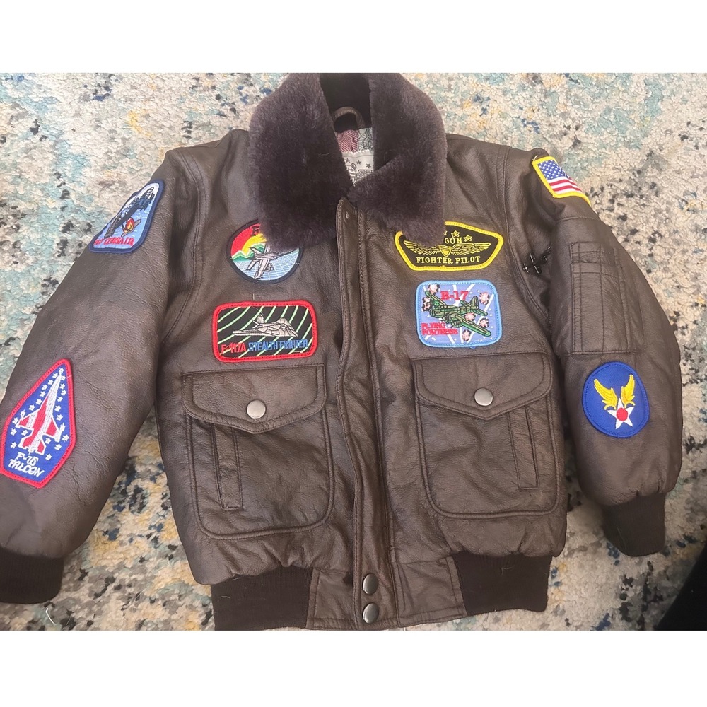 Business Innovations Kids WWII Style Bomber Jacket Brown Faux Leather Small 2/4